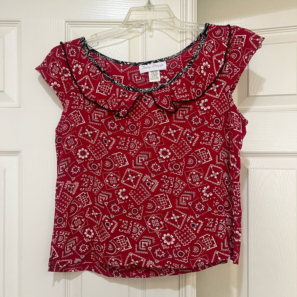Vintage Bandana Short sleeves Ruffle Y2K Red Black Blouse Top small